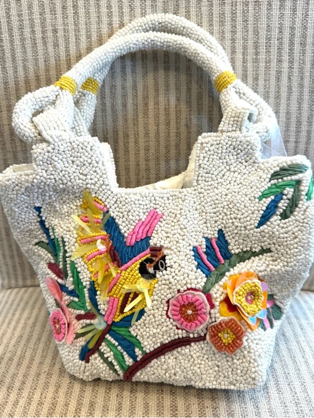 Made in India White Beaded Tote w/ Colorful Embroidered Parrot & Floral Accents - Picture 1 of 7